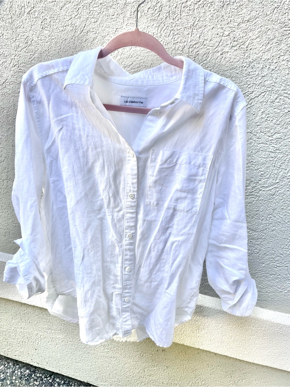 Liz Claiborne White Button-Down Shirt - cotton/linen blend (very tiny spot)
